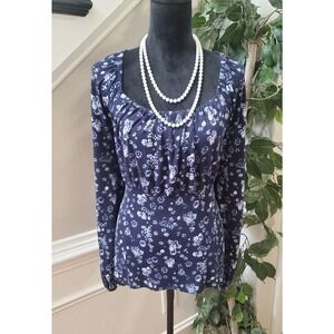 Lane Bryant Women's Blue Floral Rayon Scoop Neck Long Sleeve Top Blouse 14/16